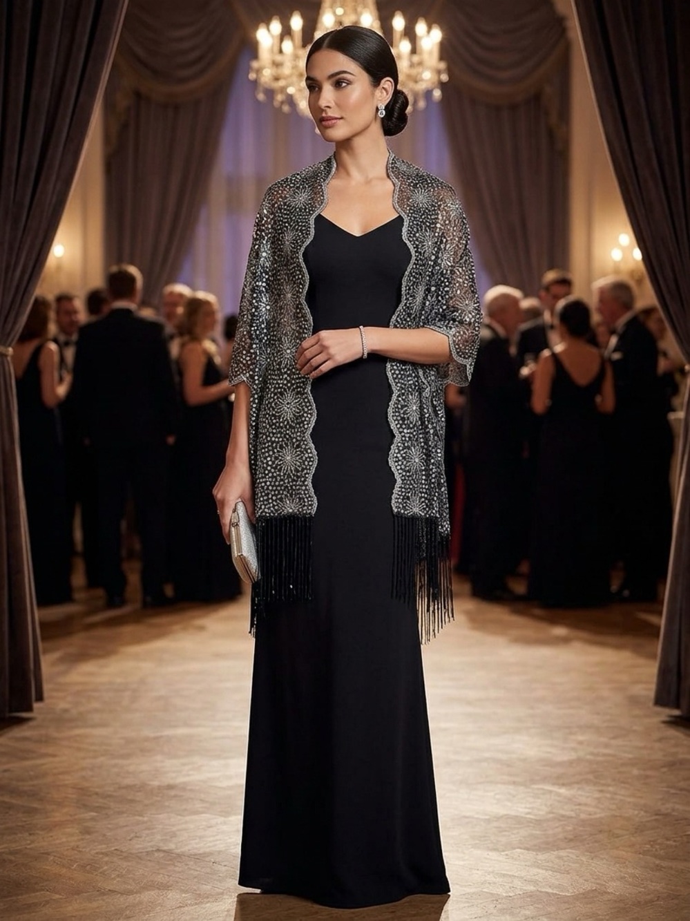 Black Sequin Floral Lace Shawl - Scalloped Embroidered Evening Wrap Wedding